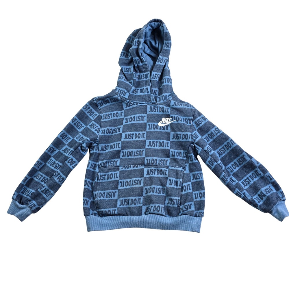Nike Hoodie Kids Size 7 Blue Just Do It Checkered All Over Print Logo Sweatshirt